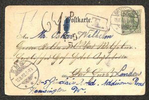 GRUSS AUS REGENSBURG GERMANY CHURCH TO ENGLAND POSTAGE DUE POSTCARD 1902