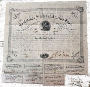 1863  - $500 Confederate Loan Bond Certificate. February 20th 1863   E1317