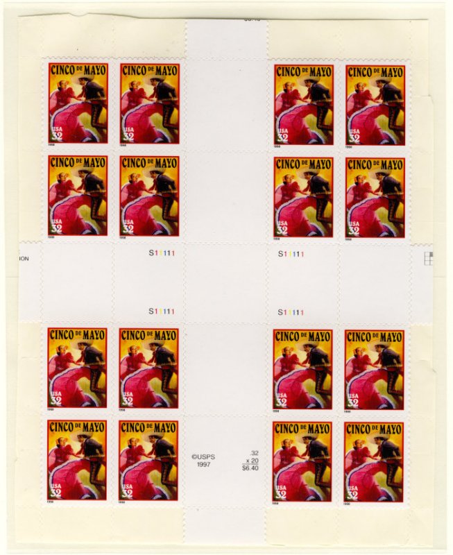 US #3230 Cinco De Mayo  FULL GUTTERS from press sheet, VF OG NH, Very RARE an...