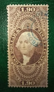 US 1863 $1.90 Foreign Exchange Revenue Stamp Rare Blue Montgomery Cancel
