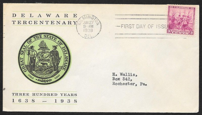 UNITED STATES FDC 3¢ Delaware Statehood 1938 Fidelity
