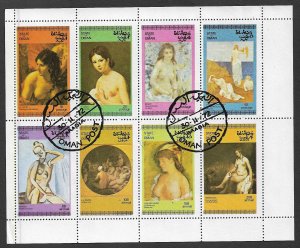 STATE OF OMAN 1972 WOMEN NUDES ART Miniature Sheet of 8 Fantasy Issue Used