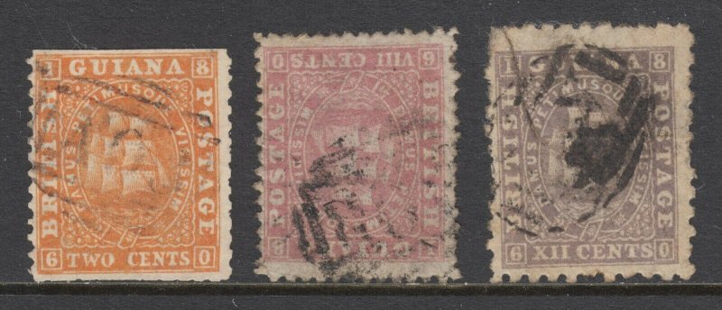 British Guiana Sc 19, 48, 54 used. 1860-1868 Seal of the Colony issues, faults 