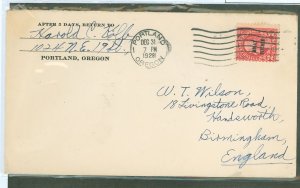 US 646 1928 2c Molly Pitcher franking this December 1928 cover sent from Oregon to England via treaty rate in effect 1919-1931