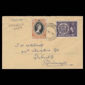 Northern Rhodesia 1953 (FDC) 1½d Coronation, LIVINGSTONE ✔️
