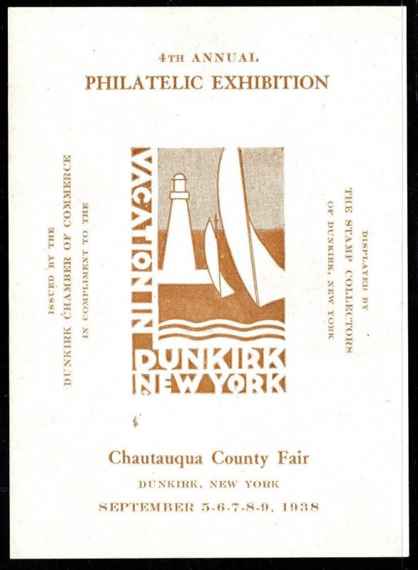 1938 US Poster Stamp Chautauqua Fair Dunkirk New York 4th Philatelic Exhibition
