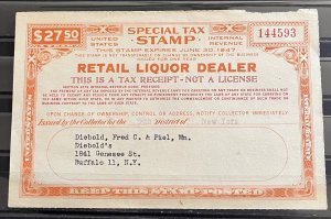 U.S.- Tax Stamp- Liquor Dealer- Buffalo, NY- 1947