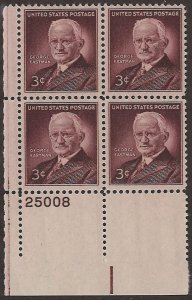 Scott # 1062 1954 3c brn pur  George Eastman  Plate Block - Lower Left - Mint 