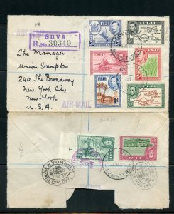 FIJI 1948 REG-COVER SPLIT WITH SENDER ADDRESS CUT OUT TO UNION STAMP SHOP NY