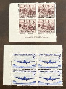 Cocos Islands 1-2 / 1963 Keeling MNH Blocks of 4, Unused