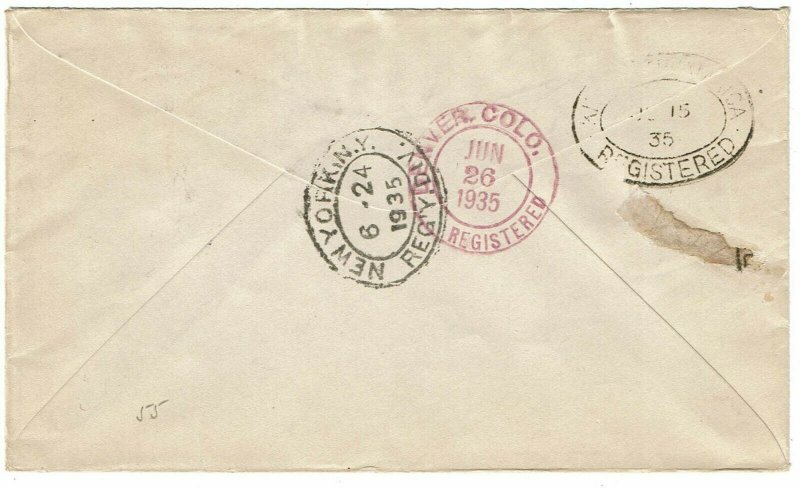 Turks & Caicos Islands 1935 registered cover to the U.S., franked Silver Jubilee