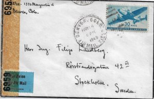 Denver, Co to Stockholm, Sweden 1943 Airmail, Censored Morning Cover. (C5663)