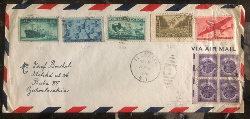 1946 Flushing NY Colorful USA Airmail Cover To Prague Czechoslovakia