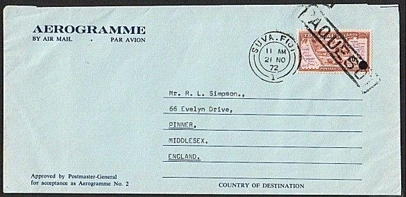 TOKELAU 1972 formular aerogramme PAQUEBOT use at SUVA, Fiji................74904