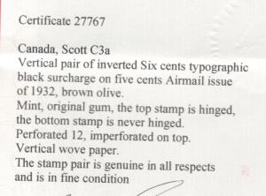 Canada #C3a Mint Inverted Surcharge Pair **With Certificate**
