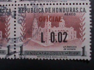 HONDURAS 1956-BASILICA OF SUYAPA-OVPT. SURCHARCH  USED BLOCK VF 66 YEARS OLD