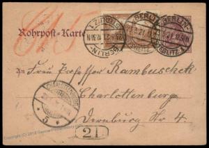 Germany 1921 Inflation Berlin Rohrpost Pneumatic Mail Cover Germania 82614