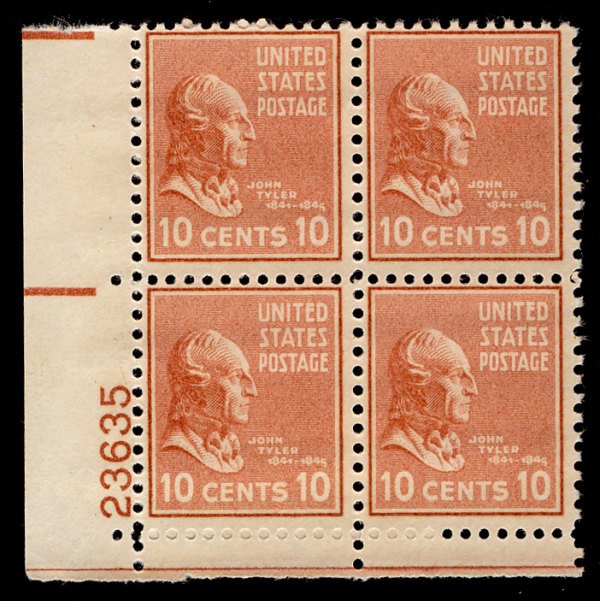 US #815 PLATE BLOCK, SUPERB mint never hinged, 10c Tyler,   SUPER CENTERED!  ...