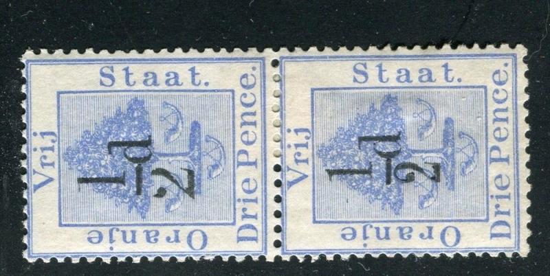 ORANGE FREE STATE;  1896 classic ' 1/2d ' surcharged Mint hinged Pair, Variety