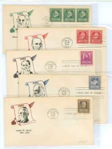 US 864-868 1940 Poets (set of five) part of the famous American Series on five first day covers with matching cachet craft cache