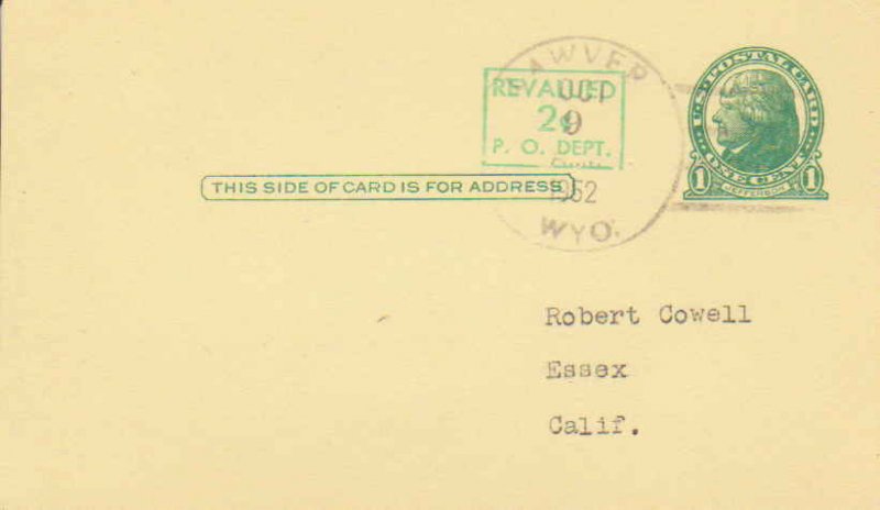 United States Wyoming Lawver 1952 4b-bar  1921-1953  Postal Card  Philatelic.