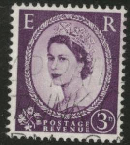 Great Britain Scott 322d used 1957 3p Graphite lines on back