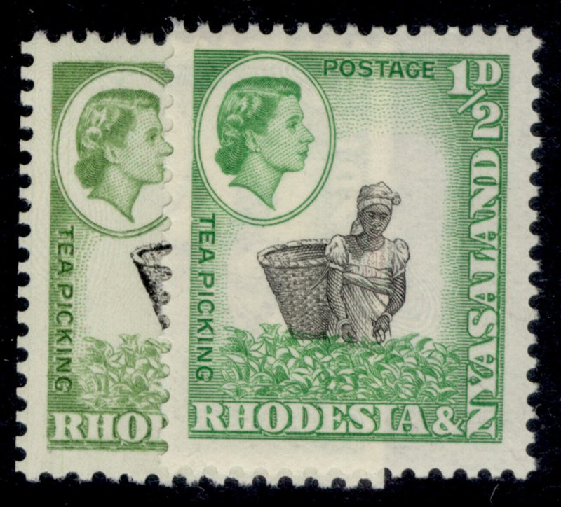 RHODESIA & NYASALAND QEII SG18 + 18a, ½d PERF & SHADE VARIETIES, M MINT.