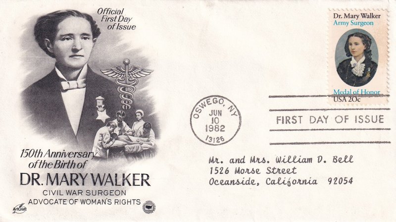 1982, Honoring Dr. Mary Walker, Art Craft/PCS, FDC (E11366)