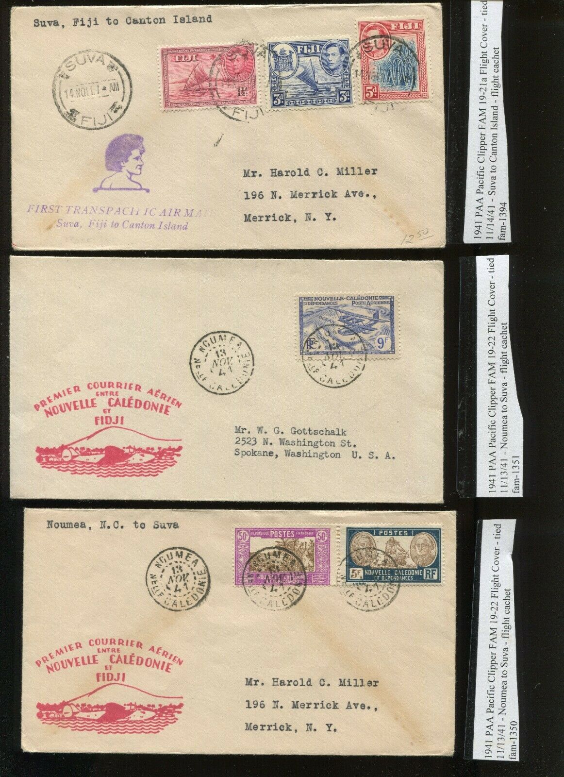 3 Covers 1941 FAM 19-21A & 22 1st Flight Covers Noumea to Suva to ...