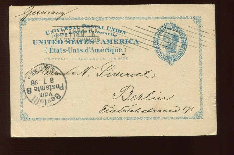 UX13 USED INTERNATIONAL POSTAL CARD TO BERLIN GERMANY (1898 USAGE)