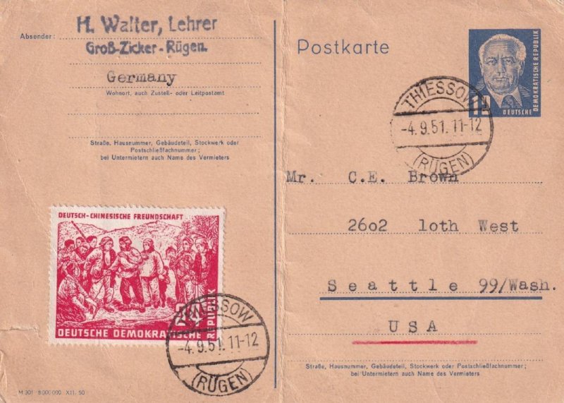 1951, Thiessow, East Germany to Seattle, WA, Sc #84 (46037)