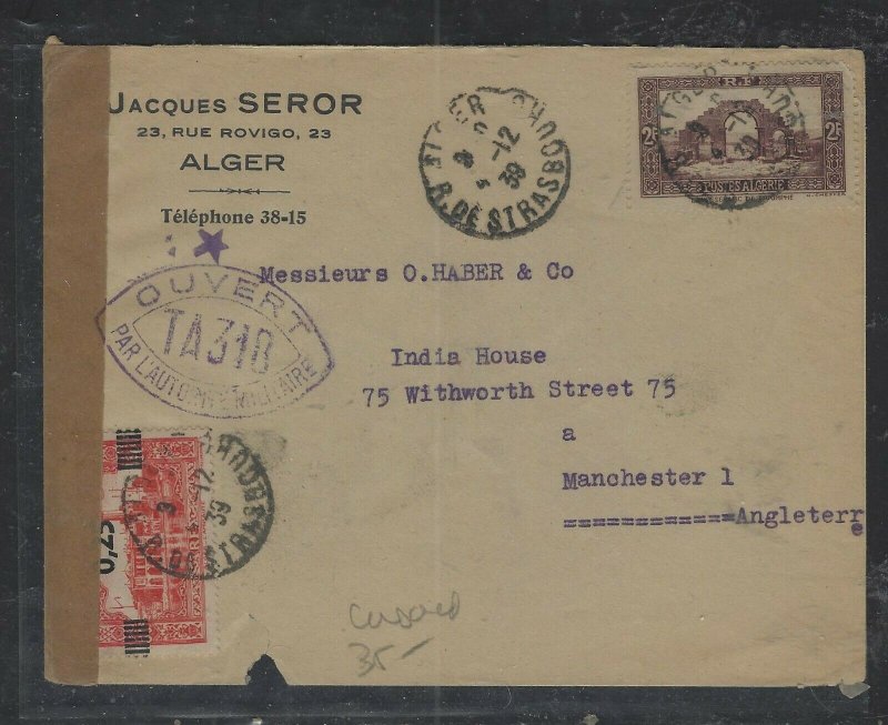 ALGERIA COVER (P1302B)  1939   2F+ SURCH 0.25 ON CENSOR COVER ALGER TO ENGLAND