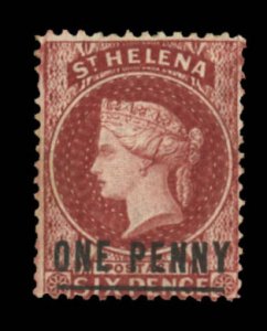 St. Helena #12 Cat$140, 1864 1p on 6p red brown, hinge remnant