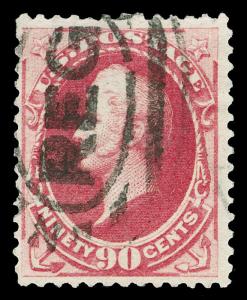 Scott 155 1870 90c Carmine Perry Hard Paper Issue Used F-VF REG Cancel Cat $325