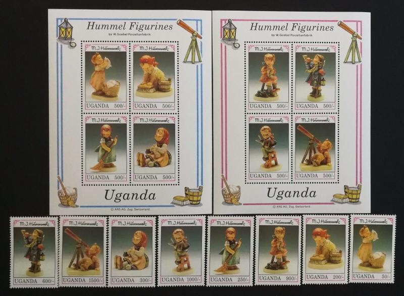 Uganda 1992** Mi.1105-12 + Bl.167, 168. Hummel Figurines [20;31]