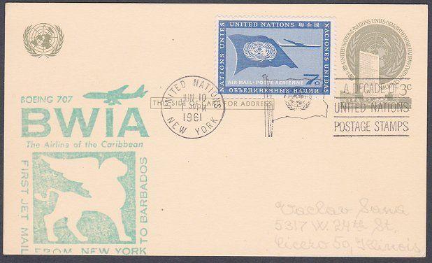 USA UN FRANKING 1961 first flight postcard NY to Barbados...................7136