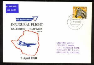 RHODESIA 1980 AIR ZIMBABABWE First Flight Cover Salisbury to Gatwick ENGLAND