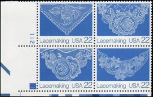 1987 Lacemaking Plate Block Of 4 22c Postage Stamps, Sc# 2351-2354, MNH, OG