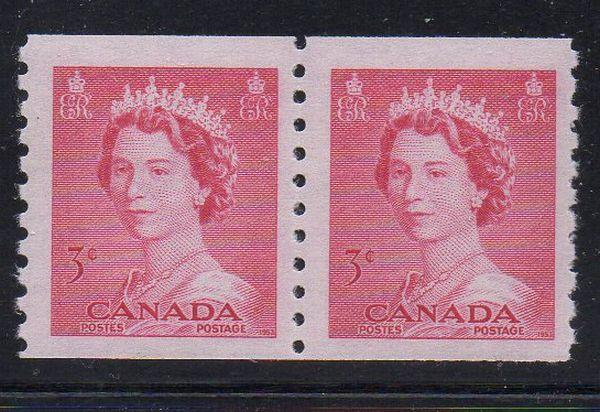 Canada Sc 332 1953 3c 1st QE II issue  coil stamp pair mint NH