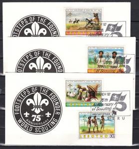 Lesotho, Scott cat. 357-361. Scout Anniversary issue on 3 First day Covers.