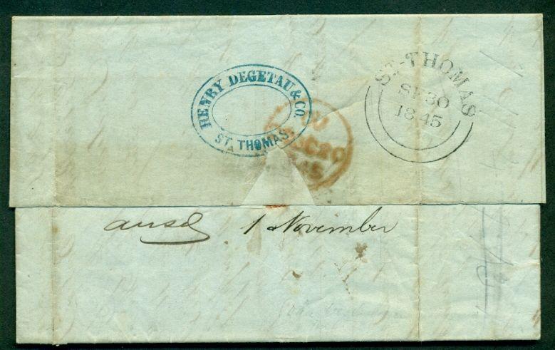 DANISH WEST INDIES 1845 SFL St. Thomas to London blue cachet DEGATAU & CO.