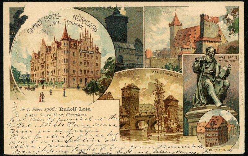 Bavaria Nuremberg Grand Hotel City Views 1906 Postal Card to USA