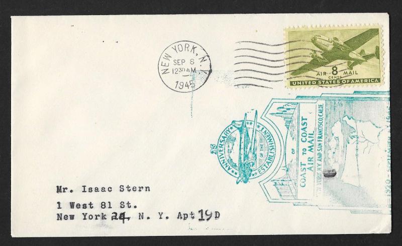 UNITED STATES Event Cover 25th Anniversary Coast to Coast Air Mail 1945 New York