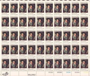 US Stamp - 1975 Artist Benjamin West - 50 Stamp Sheet - Scott #1553