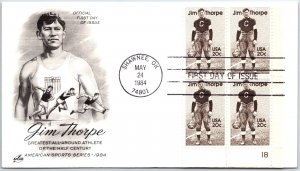 U.S. FIRST DAY COVER JIM THORPE FAMOUS AMERICAN GRIDIRON ATHLETE BLOCK 4 1984