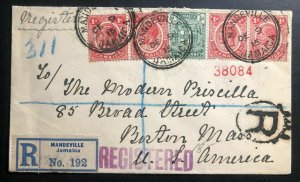 1915 Mandeville Jamaica Registered Cover To Boston Ma USA