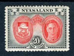 Nyasaland 1945 KGVI. 20s scarlet & black. MH. SG157.