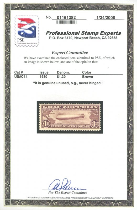 U.S. #C14 MINT WITH PSE CERT OG NH