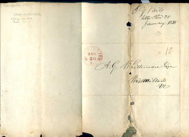 red Montpelier, Vt., 10¢, 1838 folded letter to West Milton, Vt.