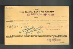 1939 Aylmerr Canada Postcard Cover Royal Bank to Bank of Montreal St Thomas